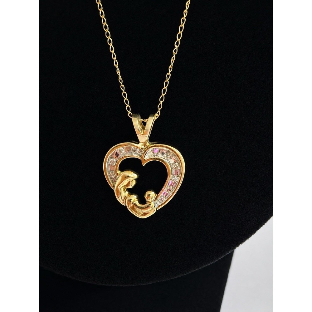DARLING 10k YELLOW GOLD 18" CHAIN  WITH MOTHER & CHILD HEART DIAMOND PENDANT